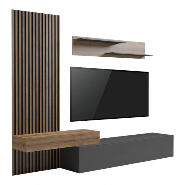 Σύνθετο σαλονιού Litende pakoworld σε ανθρακί-oak απόχρωση 249.4x42.2x199.5εκ