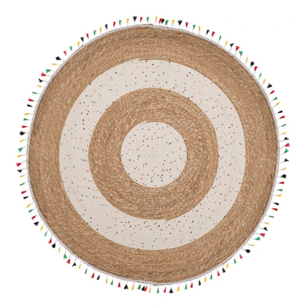 Χαλί Jute-Βαμβακερό Boho Στρογγυλό 120εκ. Καφέ-Natural Με Πολύχρωμα Κρόσσια iliadis 90165