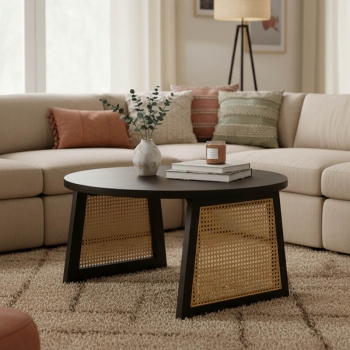 Τραπέζι Tamarind pakoworld ξύλο mango-φυσικό rattan σε μαύρη απόχρωση Φ65x40εκ