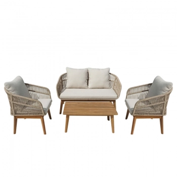 Σαλόνι εξωτερικού χώρου Macrena pakoworld μασίφ ξύλο ακακίας με σχοινί και μπεζ μαξιλάρια