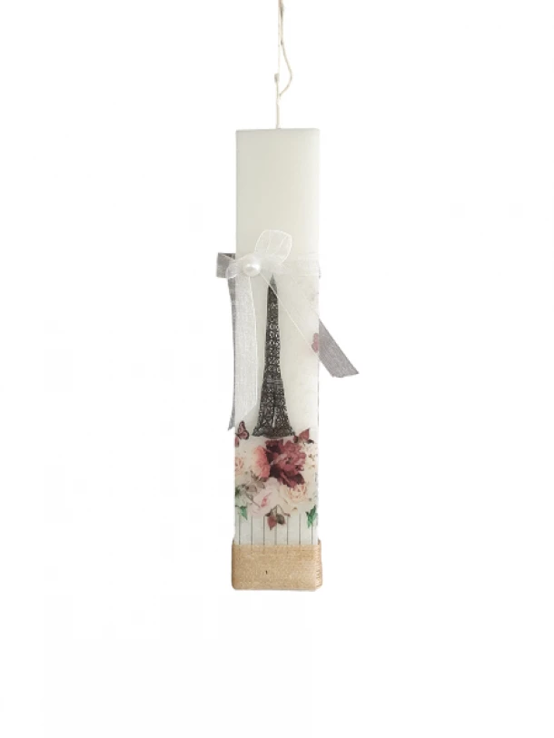 Λαμπάδα Χειροποίητη Πλακέ Λευκή 2,7x1,2x25εκ. Με Decoupage Paris 24-918