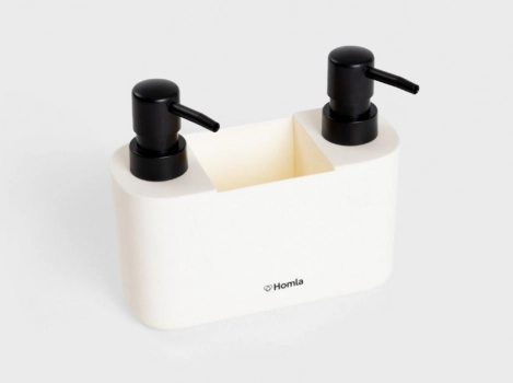 Ντισπένσερ Υγρού Πιάτων Διπλό Με Θήκη Για Σφουγγάρι Πλαστικό Κρεμ-Μαύρο 16x7x14εκ. Easy Clean Homla 236088