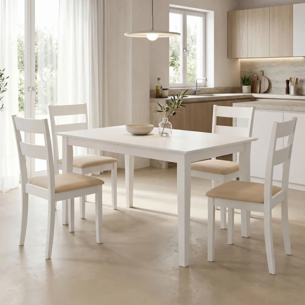 Τραπεζαρία Dallan Mabor pakoworld 5τεμ λευκό rubberwood 120-150x80x73,8εκ