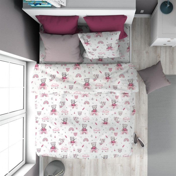 Πάπλωμα Παιδικό Βαμβακερό Μονό 160x240εκ. Cloudy Bear 582 White-Pink DimCol 32111123062