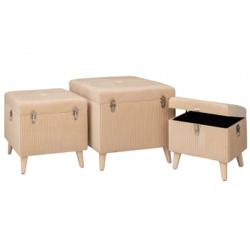 Σετ 3τμχ Σκαμπώ-Μπαούλο Κρεμ Πλισέ Με Ξύλινα Πόδια Και Ασημί Λεπτομέρειες 60x60x56εκ./50x50x36εκ./40x40εκ. iliadis 91661