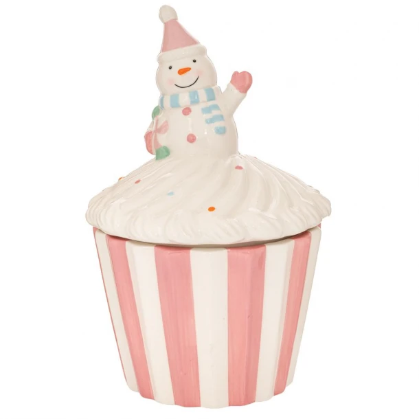 Χριστουγεννιάτικη Μπισκοτιέρα Κεραμική Cupcake Λευκό-Ροζ 18x18x28,5εκ. iliadis 91116