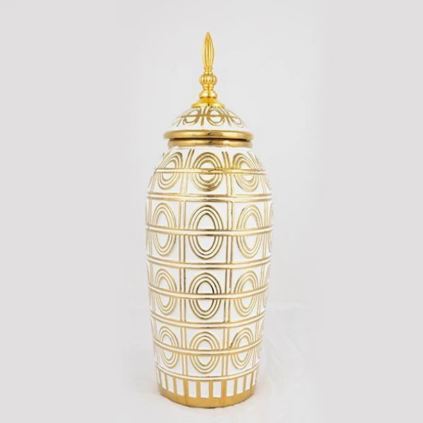 Βάζο Με Καπάκι Κεραμικό Λευκό-Χρυσό 15x15x42,5εκ. ESTHETI 752-20037