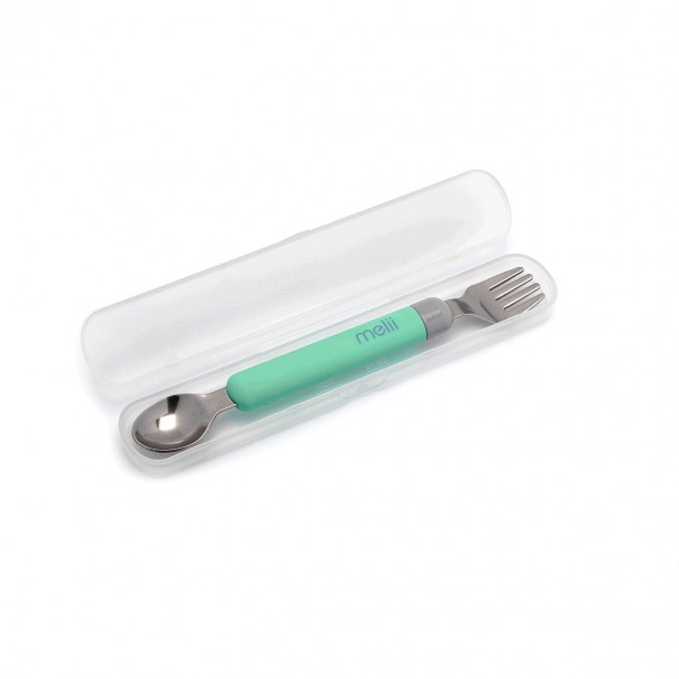 Σετ Κουτάλι & Πιρούνι Σε Θήκη Ανοξείδωτο Spork On the Go Mint-Grey Melii MEL11250