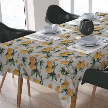 Σετ Τραπεζομάντηλο & Runner Εμπριμέ Polycotton Αλέκιαστο 140x220εκ.-40x220εκ. Lemon 457 White-Yellow DimCol