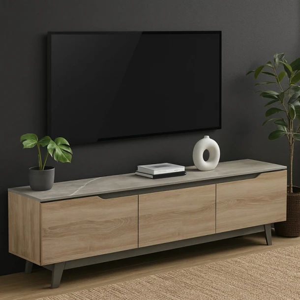 Έπιπλο τηλεόρασης Kasandra pakoworld μπεζ μαρμάρου-sonoma 180x35x48.5εκ