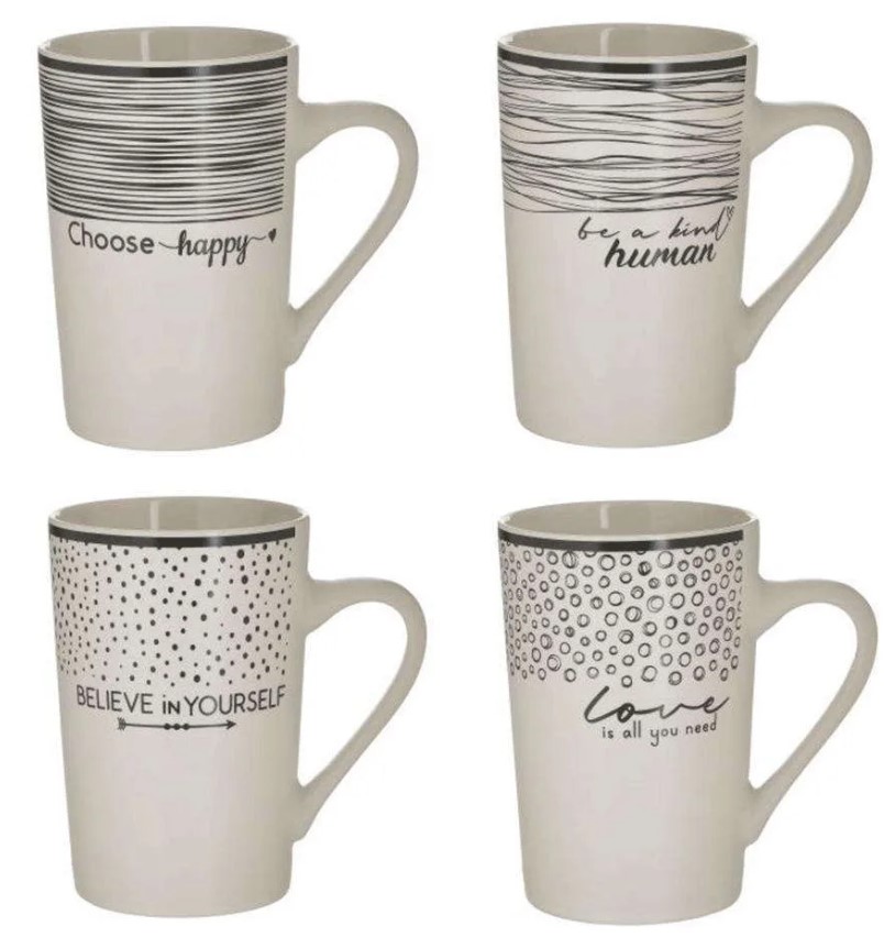 Κούπα Σετ 4τμχ Πορσελάνης Λευκή-Μαύρη 385ml-8x12εκ. Click 6-60-112-0027 (Υλικό: Πορσελάνη, Χρώμα: Λευκό) - CLICK - 6-60-112-0027