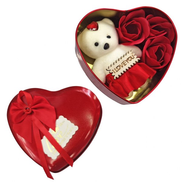 Homie Σετ Μεταλλικό Κουτί Καρδιά Με 3 Τριαντάφυλλα & Αρκουδάκι 12x11x5εκ. Homie 22-3050 (Υλικό: Μεταλλικό, Χρώμα: Κόκκινο) - Homie - 22-3050