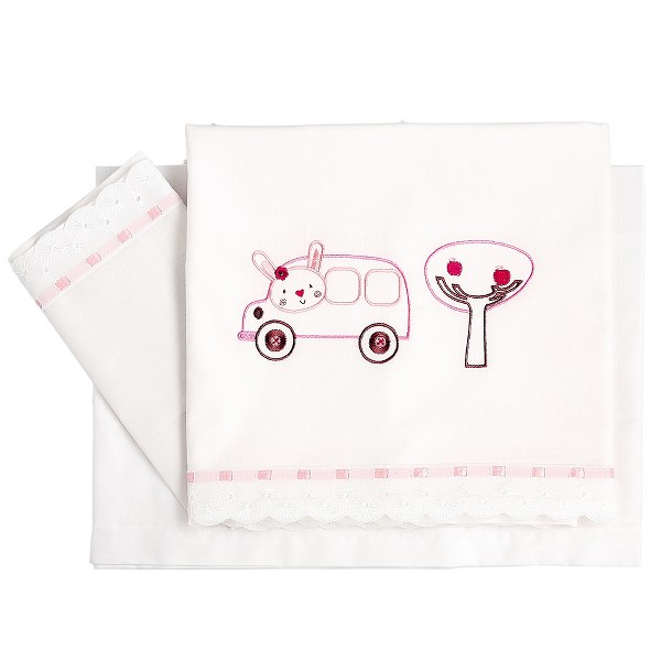 Σετ Σεντόνια Βαμβακερά Κούνιας 120x180εκ. Car Pink 26021 (Ύφασμα: Βαμβάκι 100%, Τύπος κατωσέντονου: Χωρίς Λάστιχο, Χρώμα: Λευκό, Μέγεθος: Σετ) - Ο Κόσμος του Μωρού - 26021