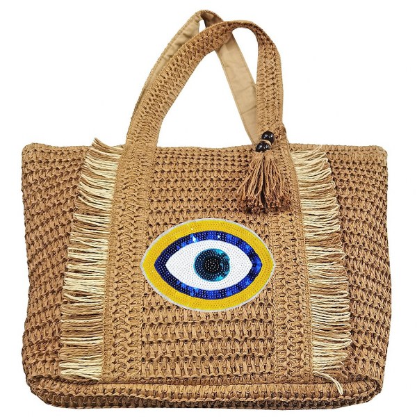 SUMMER tiempo Τσάντα Θαλάσσης Ψάθινη Με Μάτι 48x15x36εκ. Summer Tiempo 42-3110 (Υλικό: Ψάθινο, Χρώμα: Natural) - SUMMER tiempo - 42-3110