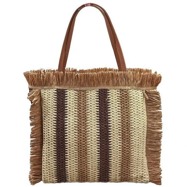 SUMMER tiempo Τσάντα Θαλάσσης Ψάθινη Με Κρόσια 50x12x38εκ. Summer Tiempo 42-3123 (Υλικό: Ψάθινο, Χρώμα: Καφέ) - SUMMER tiempo - 42-3123