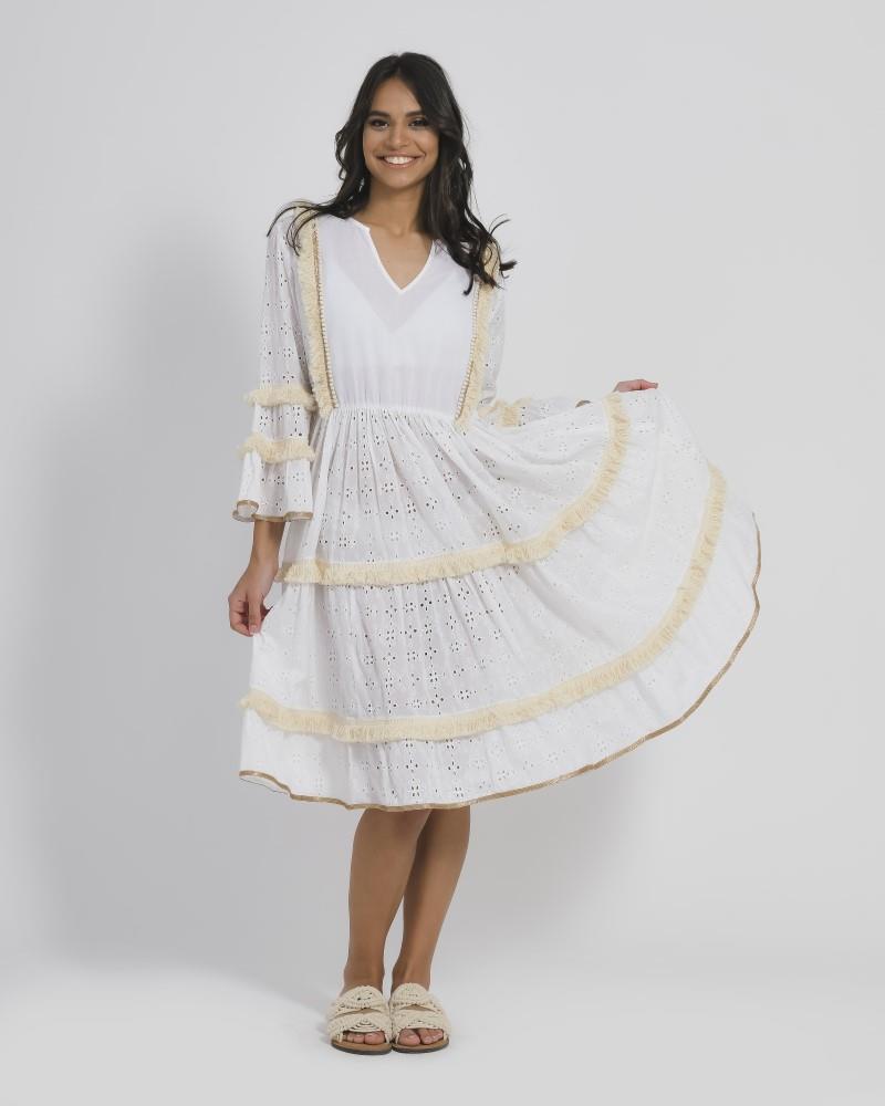Καφτάνι-Φόρεμα Βαμβακερό Λευκό-Μπεζ ble One Size 5-41-089-0085 (Ύφασμα: Βαμβάκι 100%, Χρώμα: Λευκό) – ble – 5-41-089-0085