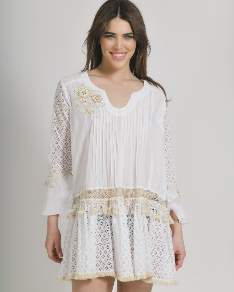 Καφτάνι-Φόρεμα Βαμβακερό Λευκό ble One Size 5-41-230-0120 (Ύφασμα: Βαμβάκι 100%, Χρώμα: Λευκό) – ble – 5-41-230-0120