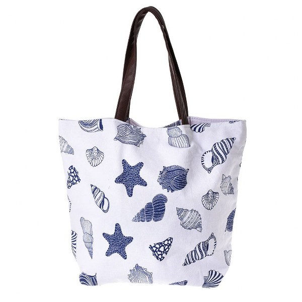 ble Τσάντα Θαλάσσης Βαμβακερή Λευκή-Μπλε Κοχύλια 48x15x40/65εκ. ble 5-42-230-0010 (Ύφασμα: Βαμβάκι 100%, Χρώμα: Λευκό) - ble - 5-42-230-0010