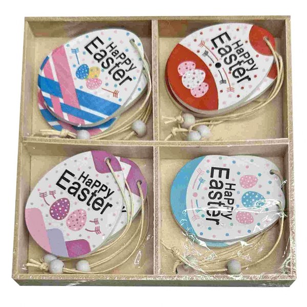 Διακοσμητικά Αυγά Ξύλινα Κρεμαστά Σετ 12τμχ Happy Easter Σε Κουτί 13x13εκ. Bunny's 73-2184 (Υλικό: Ξύλο) - Bunny's - 73-2184