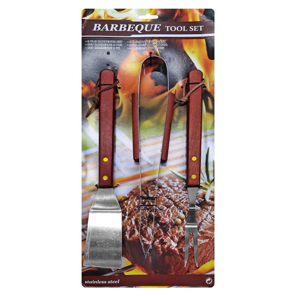 Σετ 3τμχ Εργαλεία Bbq Ανοξείδωτα Με Ξύλινη Λαβή 33εκ. Homie 81-1078 (Υλικό: Ξύλο) - Homie - 81-1078
