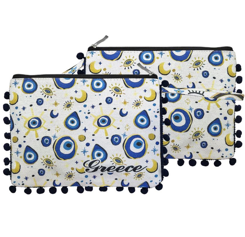 Νεσεσέρ Τσαντάκι Με Μάτια Με Pom Pom 28x21εκ. Summer Tiempo 42-3358 (Χρώμα: Λευκό) - SUMMER tiempo - 42-3358