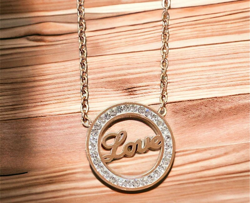24home.gr Κολιέ Αλυσίδα Ροζ-Χρυσό Στρογγυλό Love & Στρας 24-709 (Υλικό: Ανοξείδωτο) - 24home.gr - 24-709