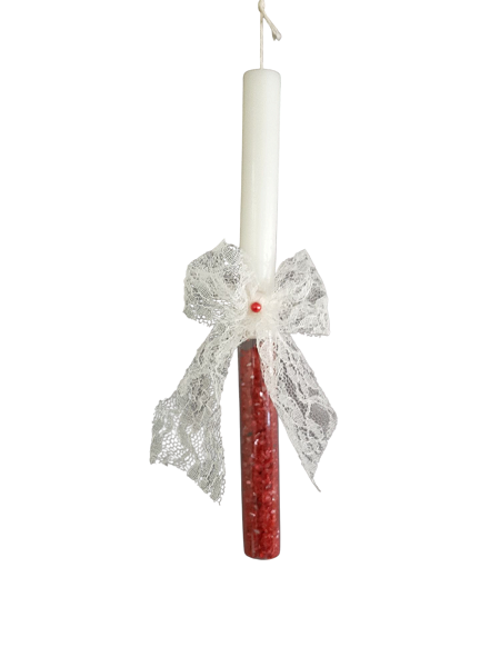 Λαμπάδα Αρωματική Χειροποίητη Με Πετρούλες & Βάση Γυάλινη Με Κόκκινα Κρυσταλλάκια 2,5x29εκ. 24-915 (Υλικό: Γυαλί, Χρώμα: Λευκό) - 24home.gr - 24-915