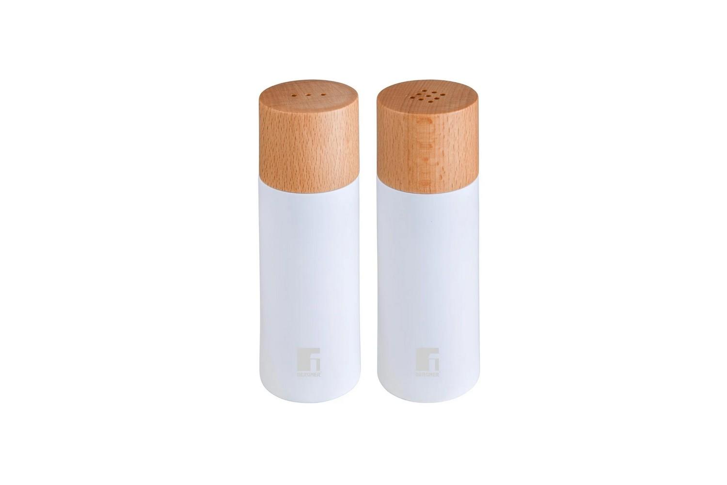 Αλατοπίπερο Σετ 2τμχ Ξύλινο-Καουτσούκ Λευκό Matte-Natural 5x5x15,3εκ. Bergner BG00048518 (Υλικό: Ξύλο, Χρώμα: Λευκό) - Bergner - BG00048518