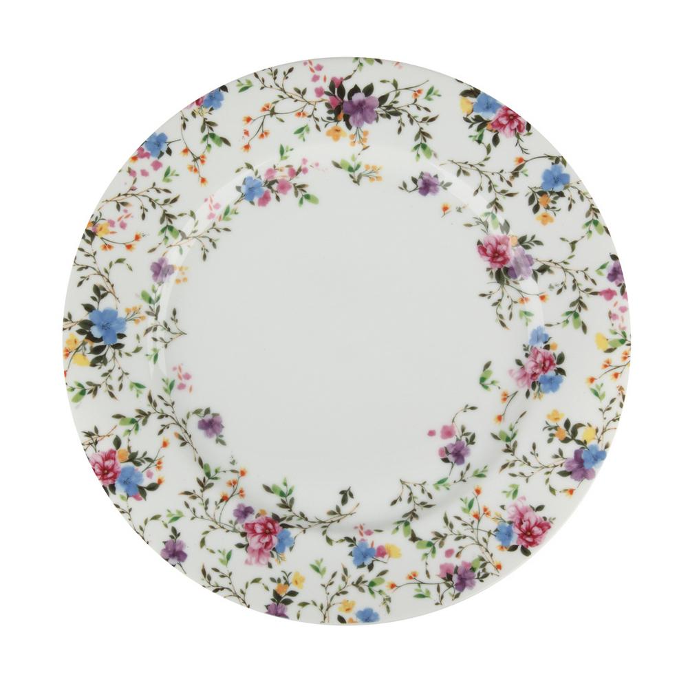 Πιάτο Ρηχό Φαγητού Πορσελάνης Λευκό Με Λουλούδια Spring