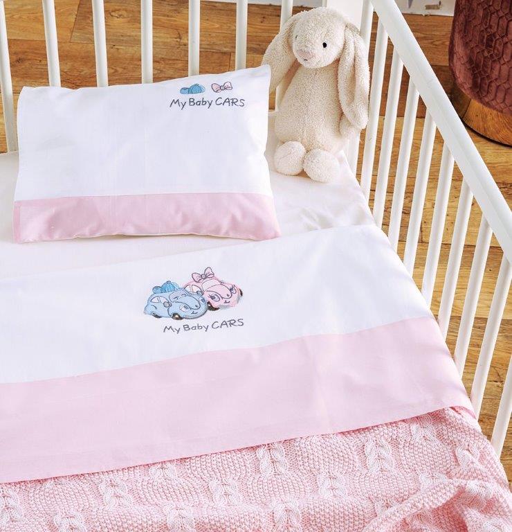 Σετ Σεντόνια Βαμβακερά Κούνιας 120x170εκ. My Baby Car Pink SB HOME (Ύφασμα: Βαμβάκι 100%, Χρώμα: Ροζ) - SBaby - 5206864055735