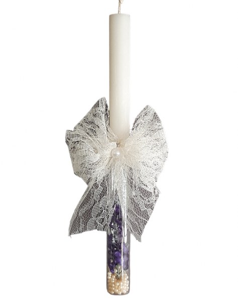 Λαμπάδα Αρωματική Χειροποίητη Με Δαντέλα & Βάση Γυάλινη Με Λεβάντα Και Πέρλες 2,5x29εκ. 24-778 (Υλικό: Γυαλί, Χρώμα: Λευκό) - 24home.gr - 24-778