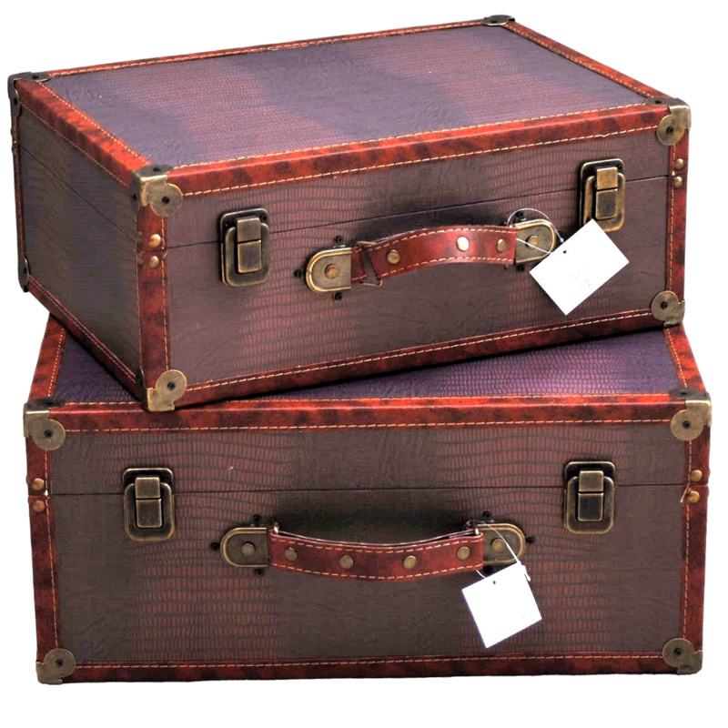 Κουτί-Βαλίτσα Σετ 2τμχ Ξύλινο-Δερμάτινο Καφέ 38x37x15εκ