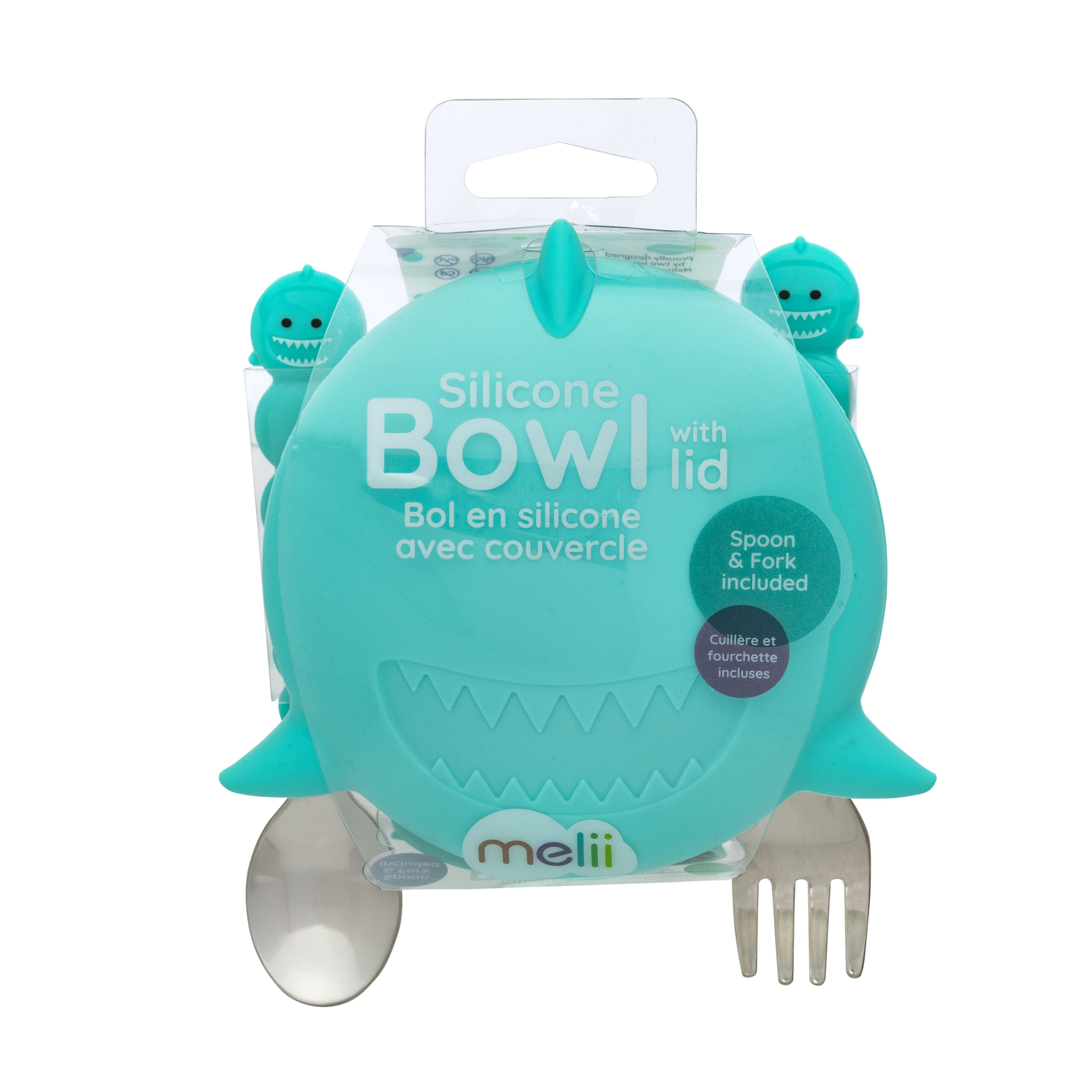 Melii Σετ 3τμχ Μπωλ 350ml Με Καπάκι-Κουτάλι & Πιρούνι Σιλικόνης Shark Τυρκουάζ Melii MEL12810 (Υλικό: Σιλικόνη, Χρώμα: Τυρκουάζ) - Melii - MEL12810