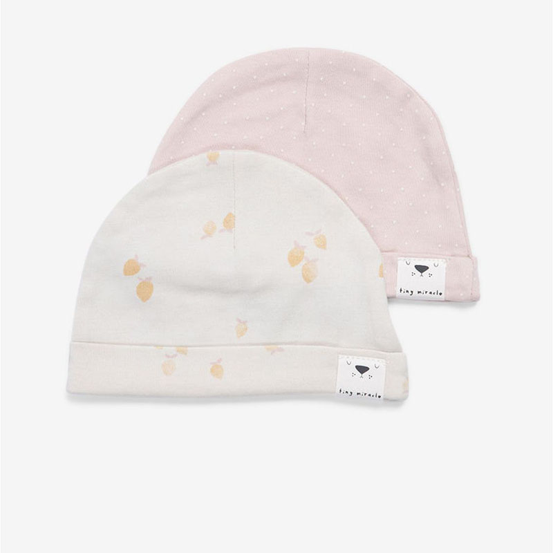 Minene Σετ 2τμχ Σκουφάκι Βαμβακερό 0-3 Μηνών Newborn Hats Pink-Lemon Minene 221300040600M (Ύφασμα: Βαμβάκι 100%, Χρώμα: Λευκό) - Minene - 221300040600M