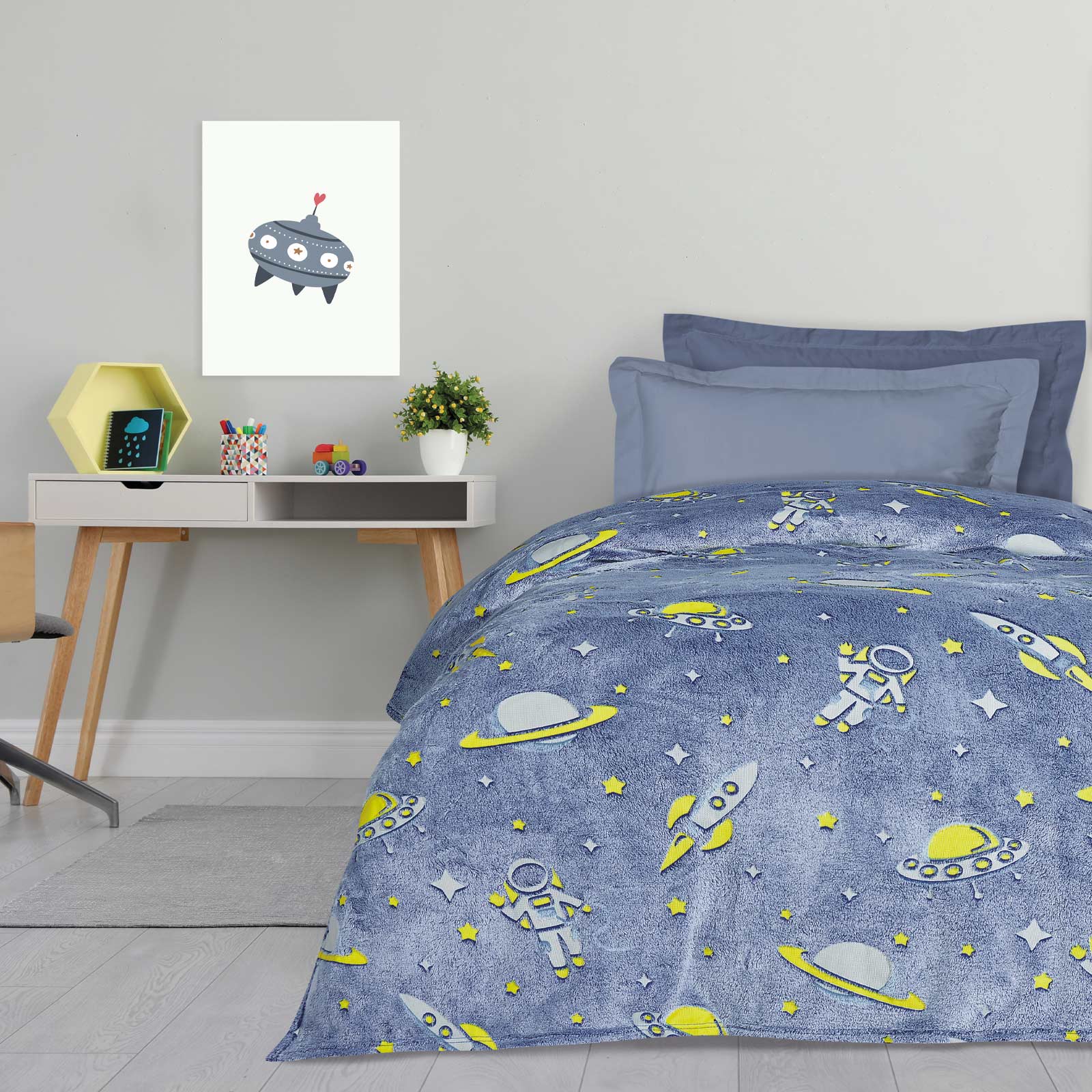 Κουβέρτα Φωσφοριζέ Fleece Μονή 160×220εκ. 4863 Κίτρινη-Μπλε Das Kids (Ύφασμα: Polyester, Χρώμα: Μπλε) – DAS KIDS – 420588104863