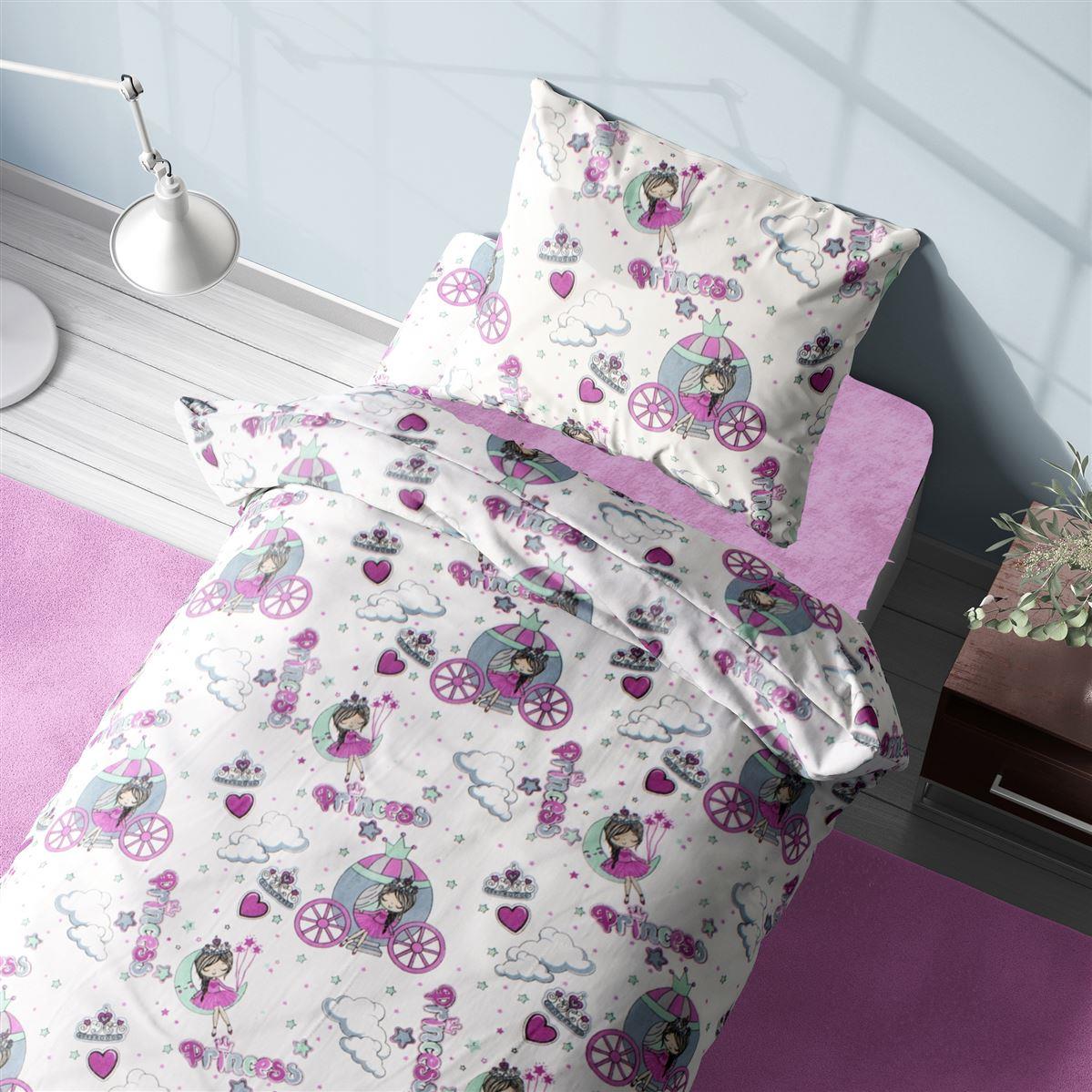 Σετ Σεντόνια 3τμχ Παιδικά Polycotton Μονά 160x240εκ. Princess 389 White-Lilac DimCol (Τύπος κατωσέντονου: Χωρίς Λάστιχο, Χρώμα: Λευκό, Ύφασμα: 70% Βαμβάκι-30% Polyester) - DimCol - 32312223008