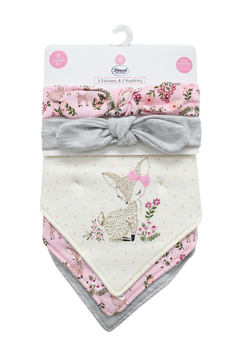 Σετ 5τμχ Σαλιάρες Μπαντάνα Interlock Και Κορδέλες Polycotton Deer 25 Pink Dimcol 31310702002 (Ύφασμα: 60% Cotton - 40% Polyester, Χρώμα: Ροζ) - DimCol - 31310702002