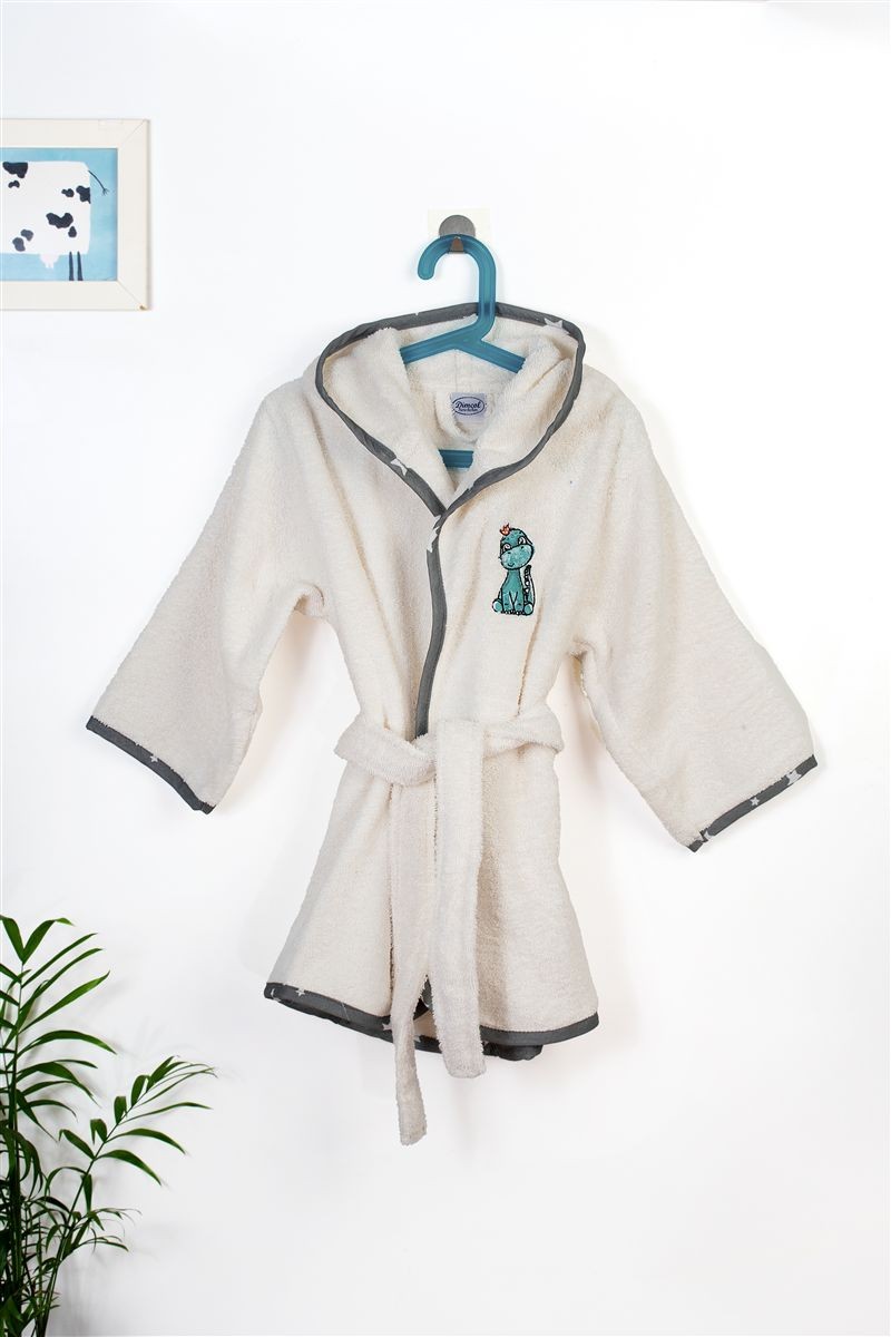 Μπουρνούζι Παιδικό Με Κουκούλα Βαμβακερό Dinosaur 181 Ecru-Grey Size 02 DimCol (Ύφασμα: Βαμβάκι 100%, Χρώμα: Γκρι, Μέγεθος: 2-3 Ετών) - DimCol - 31141530032