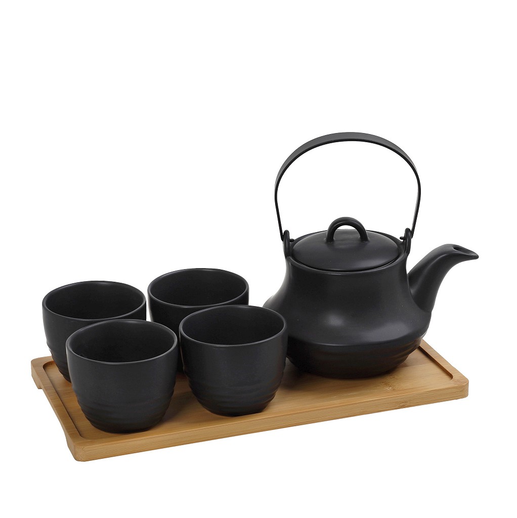 ESPIEL Σετ Τσαγιού Με Σίτα Stoneware Ritual ESPIEL 1x600/4x200ml Με Δίσκο Μπαμπού Μαύρο SPI112 (Υλικό: Bamboo, Χρώμα: Μαύρο) - ESPIEL - SPI112