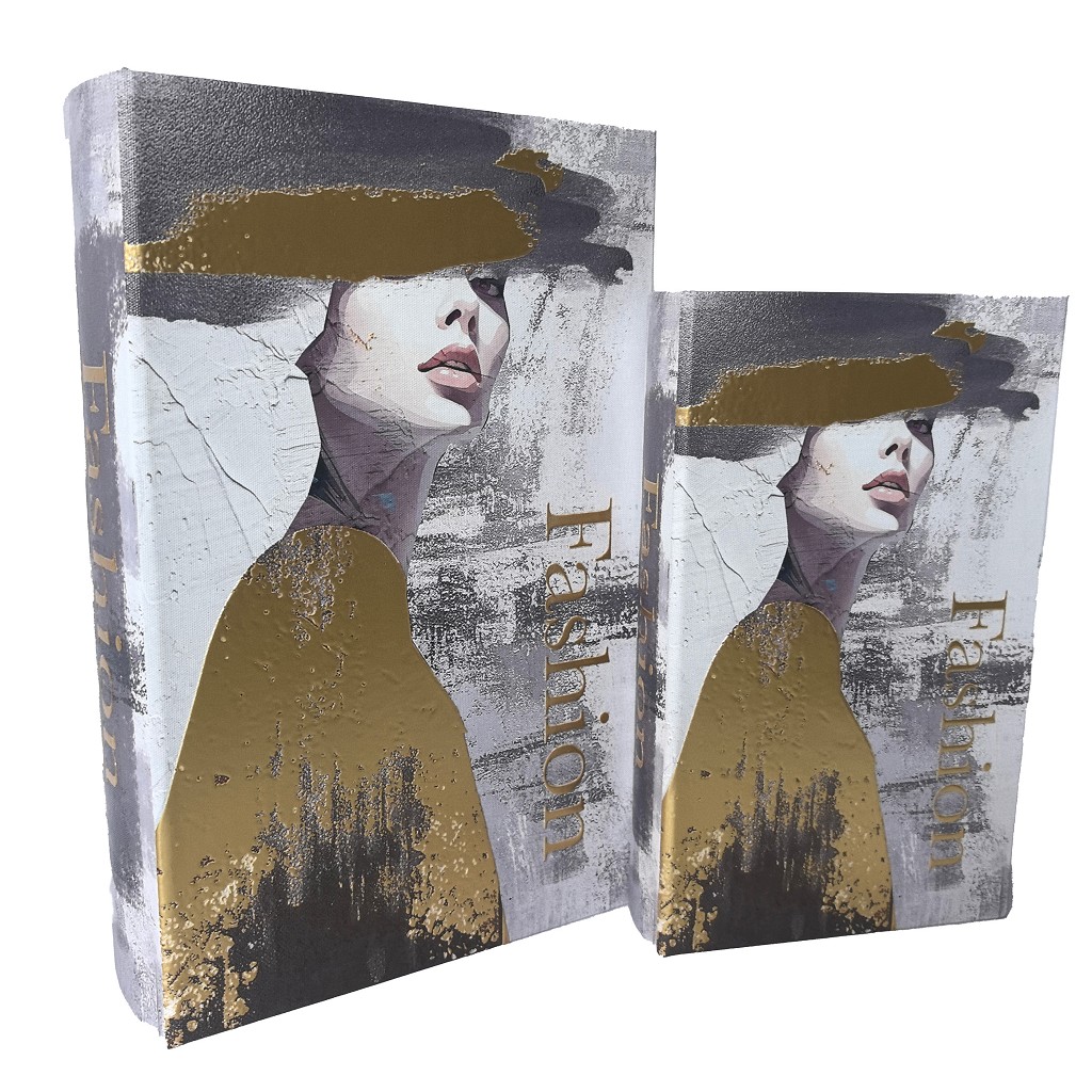 Διακοσμητικό Κουτί Βιβλίο Σετ 2τμχ Ξύλινο Γκρι-Χρυσό ES