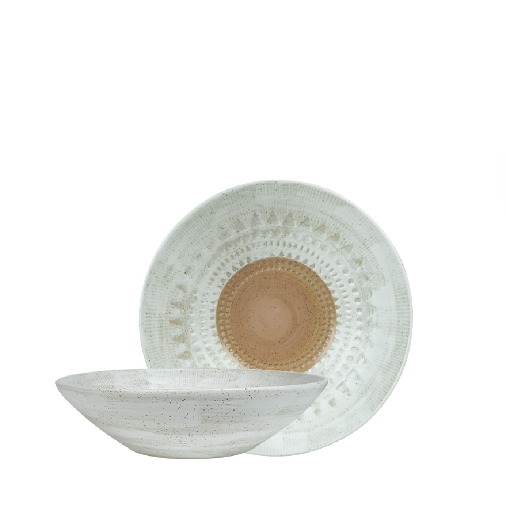 Πιάτο Φαγητού Βαθύ Stoneware Ανάγλυφο Aztec White-Brown ESPIEL 23εκ. ZAT108K2 (Σετ 2 Τεμάχια) (Χρώμα: Λευκό, Υλικό: Stoneware, Μέγεθος: Μεμονωμένο) - ESPIEL - ZAT108K2