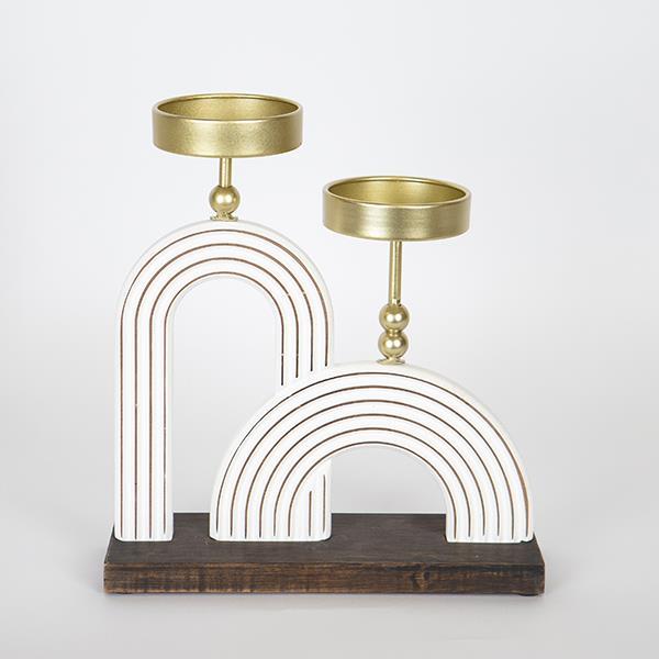 Κηροπήγιο 2 Θέσεων Ξύλινο-Μεταλλικό Λευκό-Χρυσό 23,5x8x