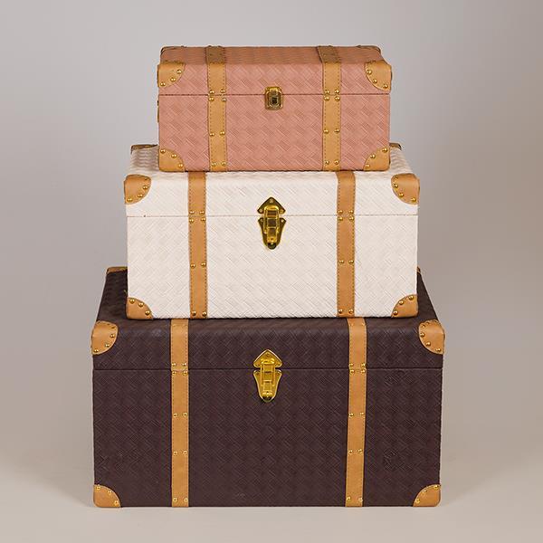 Διακοσμητικά Επιτραπέζια 24home - ΣΗΜΑΝΤΙΚΟ: Σε περίπτωση διαφοράς τιμής από το κατάστημα ισχύει παντα και μόνο η τιμή του καταστήματος Μπαούλο Σετ 3τμχ Ξύλινο-Pu Ροζ-Εκρού-Καφέ 59x36x33εκ.-4