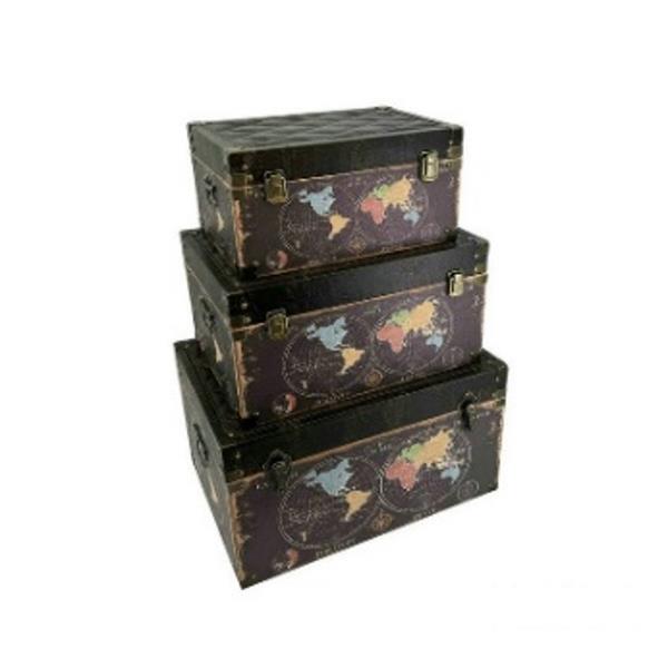 Διακοσμητικά Επιτραπέζια 24home - ΣΗΜΑΝΤΙΚΟ: Σε περίπτωση διαφοράς τιμής από το κατάστημα ισχύει παντα και μόνο η τιμή του καταστήματος Μπαούλο Σετ 3τμχ Ξύλινο-Pu Μαύρο Με Υδρόγειους 56x34x31