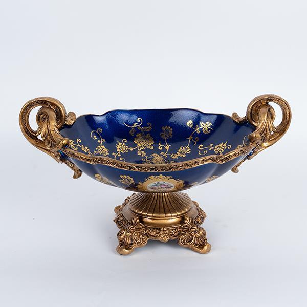 Διακοσμητικά Επιτραπέζια 24home - ΣΗΜΑΝΤΙΚΟ: Σε περίπτωση διαφοράς τιμής από το κατάστημα ισχύει παντα και μόνο η τιμή του καταστήματος Διακοσμητικό Μπωλ Με Πόδι Πορσελάνης-Polyresin Μπλε-Χρυ