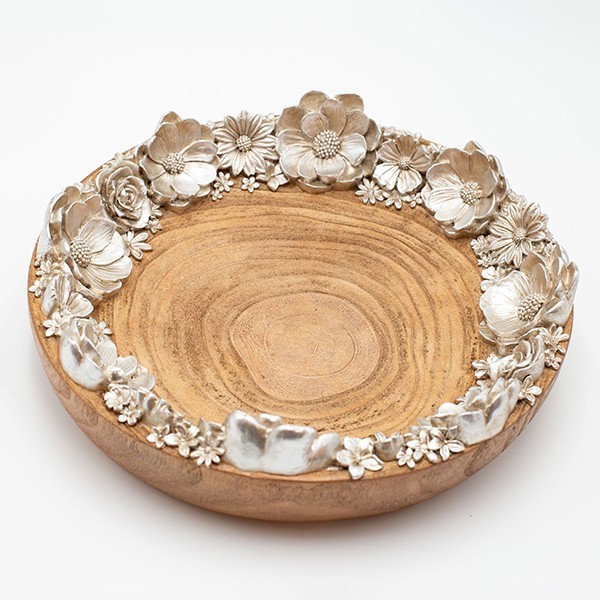 Διακοσμητική Πιατέλα Με Λουλούδια Polyresin-Ξύλινη Natyral-Ασημί 29,3x29,3x7εκ. ESTHETI 819-00549 (Υλικό: Ξύλο, Χρώμα: Ασημί ) - ESTHETI - 819-00549
