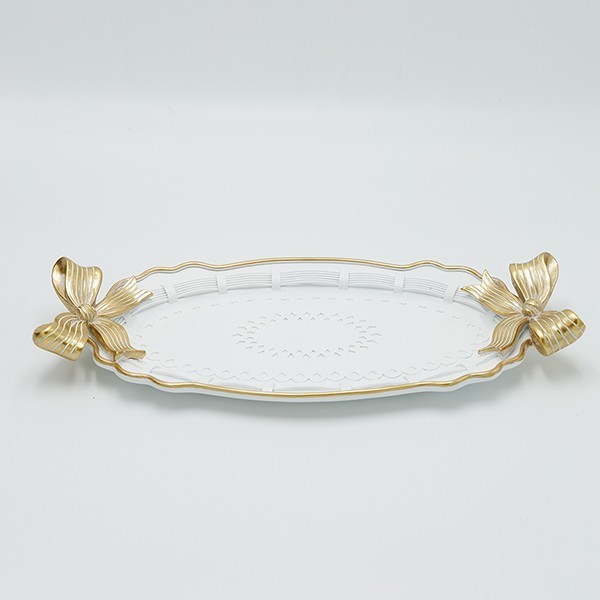 Διακοσμητικά Επιτραπέζια 24home - ΣΗΜΑΝΤΙΚΟ: Σε περίπτωση διαφοράς τιμής από το κατάστημα ισχύει παντα και μόνο η τιμή του καταστήματος Δίσκος Polyresin Με Φιόγκους Λευκός-Χρυσός 32x15,5x4εκ.