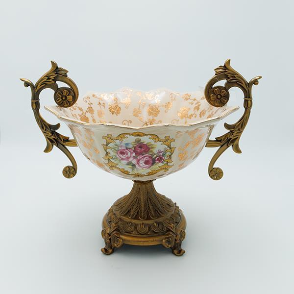 Διακοσμητικό Μπωλ Με Πόδι Πορσελάνης-Polyresin Μπεζ-Χρυ