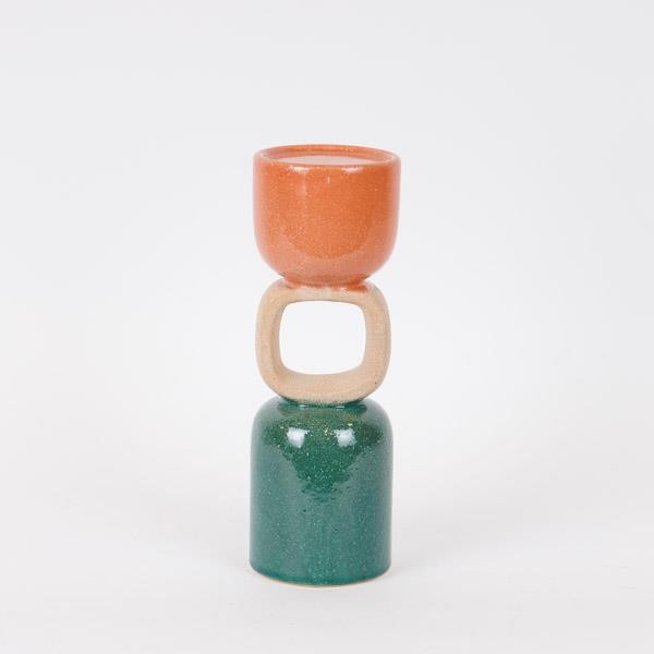 Κηροπήγιο Κεραμικό Πράσινο-Μπεζ-Σομόν 9x26εκ. ESTHETI 7