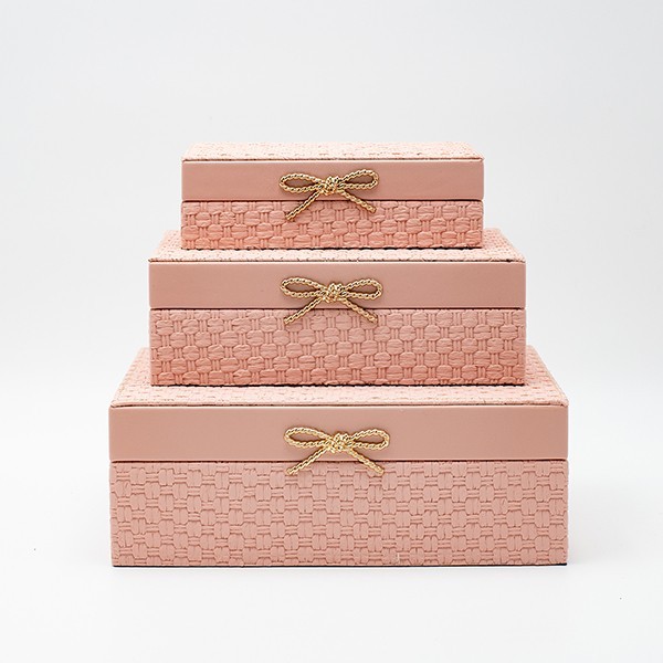 Διακοσμητικό Κουτί Σετ 3τμχ Ξύλινο-Pu Ροζ 26x18x9,5εκ.-